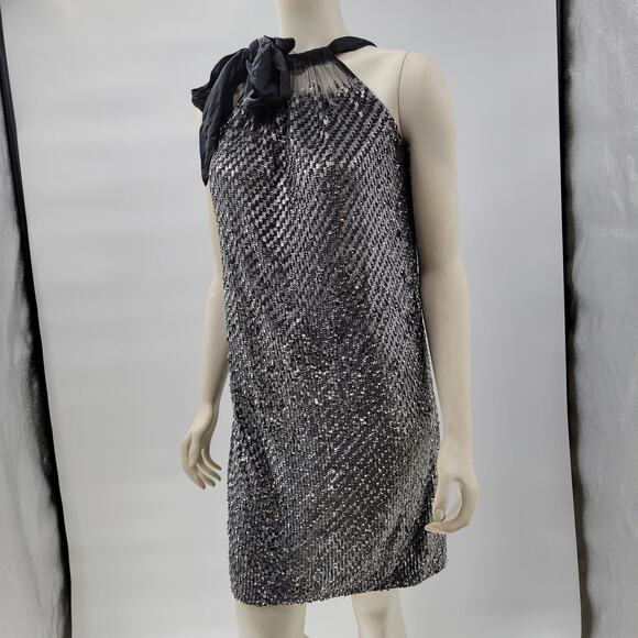 Mark & James Glittery Sequin Dress Womens M Black Silver Halter Tie Neck Mini - Picture 1 of 14